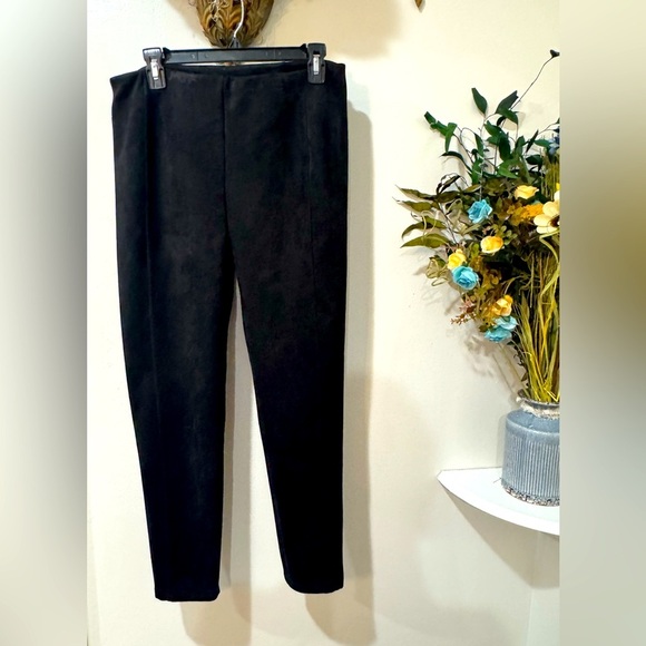 TTahari Black Faux Leather Pants Velvet feel elastic waist size Large - Picture 1 of 9